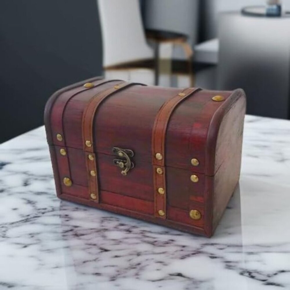New Decorative Wood and Leather Treasure Chest Box with Lock - Dark Brown